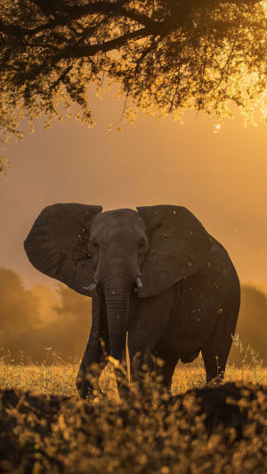 Elephant On Grass Field Sunbeams Mobile Wallpaper